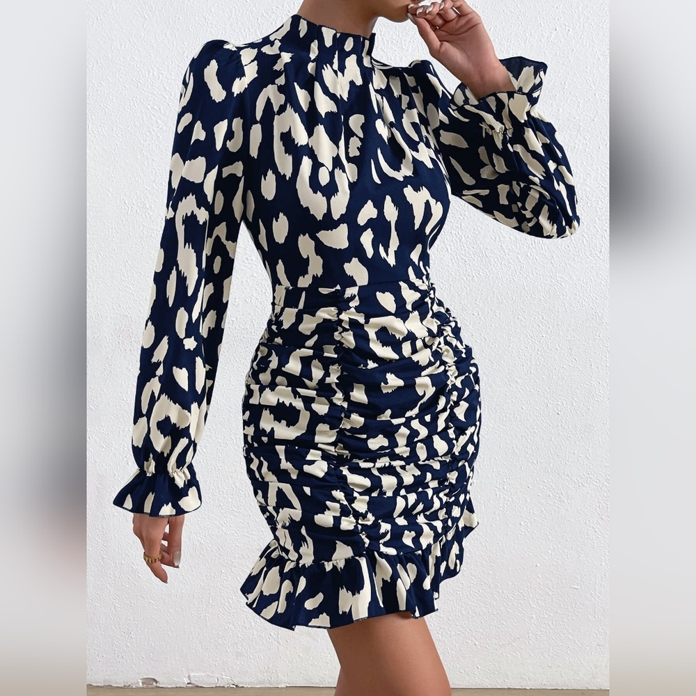 Shein Women's blue and white leopard print bodycon dress - Size S